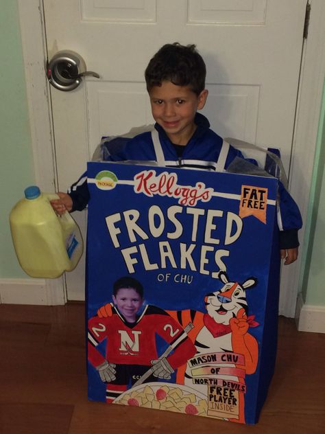 Homemade Halloween Cereal Box Costume Cereal Box Costume, Cereal Decorations, Cereal Costume, Cereal Ideas, Halloween Cereal, Cereal Party, Costume Homemade, Cheerios Cereal, Halloween Box