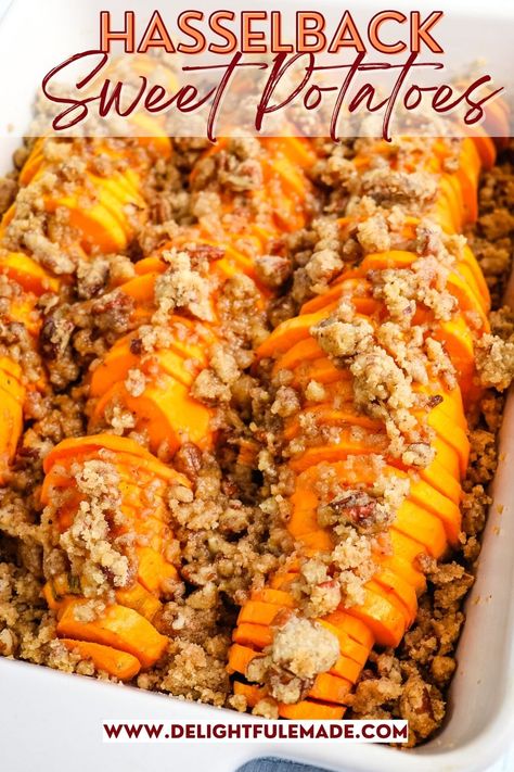 EASY Hasselback Sweet Potatoes Recipe | Delightful E Made Hasselback Sweet Potato, Hassleback Sweet Potatoes, Baked Sweet Potato Oven, Brown Sugar Sweet Potatoes, Hasselback Sweet Potatoes, Sweet Potato Oven, Sweet Potato Pecan, Sweet Potatoes Recipe, Sweet Potato Slices