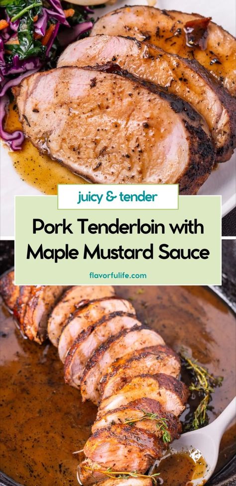 This pork tenderloin in the oven is cooked in a cast iron skillet for a flavorful and juicy dish. Perfect for a pork tenderloin dinner, this baked pork tenderloin features a delicious maple mustard sauce. Try this best pork tenderloin recipe for a crowd pleasing meal that’s one of the easiest easy pork tenderloin recipes. Pork Tenderloin Recipes In Oven, Pork Tenderloin In The Oven, Mustard Sauce For Pork, Sauce For Pork Tenderloin, Oven Baked Pork Tenderloin, Tenderloin In The Oven, Pork Tenderloin Dinner, Tender Pork Tenderloin, Maple Mustard Sauce