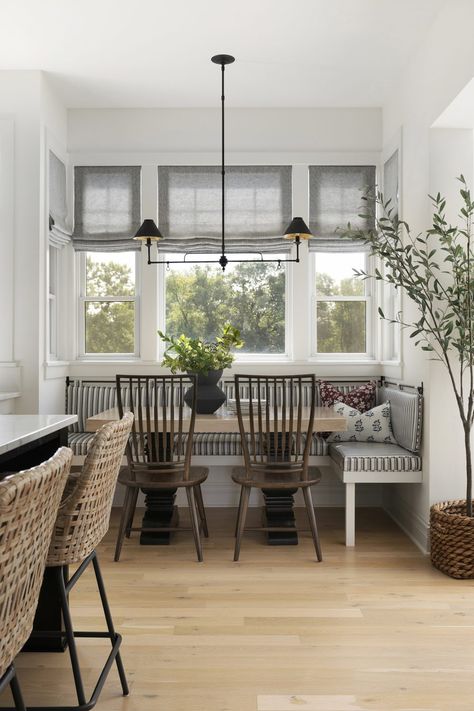 Prestwick Project Reveal | Bria Hammel Interiors Backless Breakfast Nook Bench, Hanging Back Cushion, Breakfast Nook Traditional, Dining Nook With Windows, Country Contemporary Home, Traditional Breakfast Nook, California Farmhouse, Kitchen Dining Nook, Bria Hammel Interiors