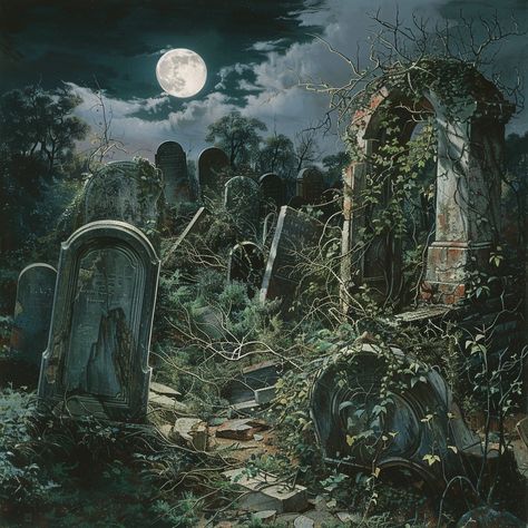 "Moonlit cemetery night: A #moonlit cemetery overgrown with #foliage under a #fullmoon in a clear #sky. #moonlight #cemetery #tombstones #night #vines #aiart #aiphoto #stockcake ⬇️ Download and 📝 Prompt 👉 https://stockcake.com/i/moonlit-cemetery-night_1161292_858105" Clear Night Sky, Cloudy Nights, Old Cemeteries, Still Life Flowers, Wrought Iron Gates, Ghost Cat, Clear Sky, Moon Glow, Tombstone