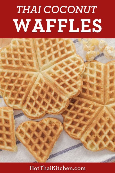 This is how Thai people eat waffles! Coconut milk take place of dairy, and the batter is enriched with toasted coconut. A must-try recipe! #thairecipe #thaidessert #waffles Coconut Waffle Recipe, Coconut Milk Waffle Recipe, Coconut Waffles, Thai Breakfast, Dairy Free Waffles, Thai Dinner, Thai Recipes Authentic, Morning Recipes, Thai Kitchen