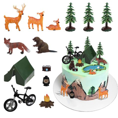 PRICES MAY VARY. Camping Theme Cake Decoration: Package comes with 13 pcs camping cake toppers include 3 pcs tree cake topper, 1 pc bike, 1 pc tent, 1 pc bonfire cake topper, 3 pcs fawns figure, 1 pc fox figure, 1 pc beaver figure, 1 pc camera, 1 pc lamp, enough quantity and complete set for decorating a camping theme cake at a time, saving effort and funny. Reliable Plastic and Resin Materials: These camping cake decorations are carefully crafted with trusted materials; Bicycle made of alloy, c Camping Birthday Party Cake, Camping Themed Party Decorations, Camping Cake Topper, Forest Theme Cakes, Camping Theme Cakes, Bonfire Cake, Happy Camper Birthday Party, Camping Cake, Woodland Camping