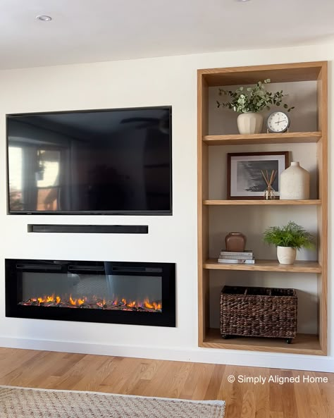 Diy Electric Fireplace, Wall Units With Fireplace, Built In Electric Fireplace, Electric Fireplace Wall, Built In Shelves Living Room, Living Room Built Ins, Fireplace Shelves, Fireplace Tv Wall, Fireplace Built Ins