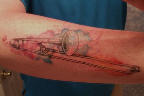 Watercolor Trombone by Rowell Alfellor @ Urban Elements Tattoo in Denver CO Trombone Tattoo Ideas, Trombone Tattoo, Watercolor Tattoo Artists, Gay Tattoo, Elements Tattoo, Memorial Tattoos, Music Tattoos, Tat Ideas, Tattoos Ideas