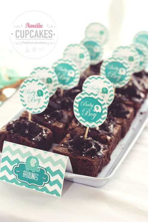 Brownies at an elephant baby shower party! See more party ideas at CatchMyParty.com! Baby Shower Brownies, Easy Brownies, Baby Shower Party Planning, Baby Shower Party Themes, Baby Reveal Party, Blue Desserts, Prince Baby Shower, Baby Shower Desserts, Baby Shower Party Ideas