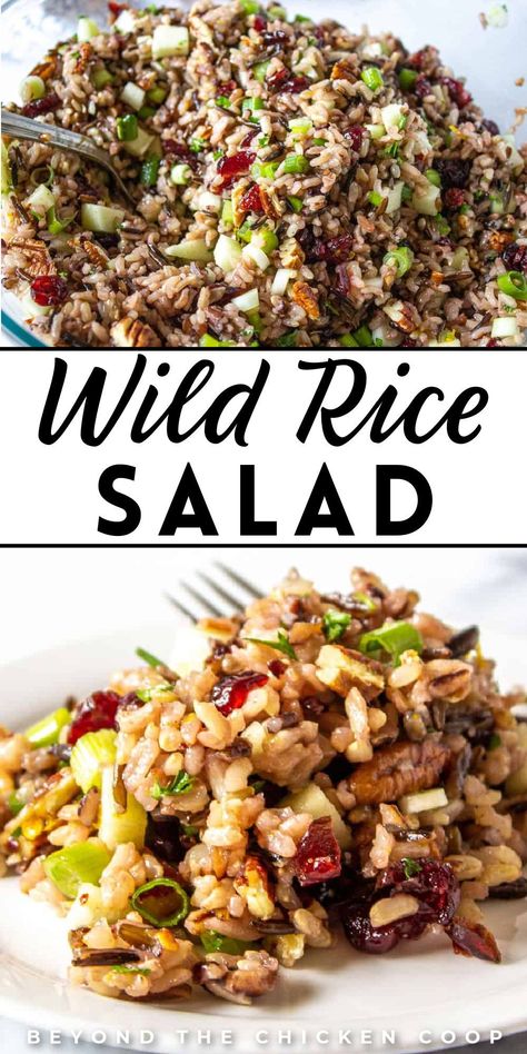 This salad is a wild rice salad with dried cranberries, toasted pecans, apples, green onions, and an orange vinaigrette. This salad is perfect when served as a vegetarian main or side dish for dinner or lunch. It can be served at room temperature or chilled. Make this ahead of time and add a few last-minute ingredients just before serving. Best Vegetarian Salad Recipes, Healthy Rice Salad Recipes, Thanksgiving Wild Rice Recipes, Wild Rice Salad Recipe Cold, Rice Salad Recipes Cold, Make Ahead Side Dishes, Cold Rice Salad Recipes, Thanksgiving Salads, Salad With Dried Cranberries