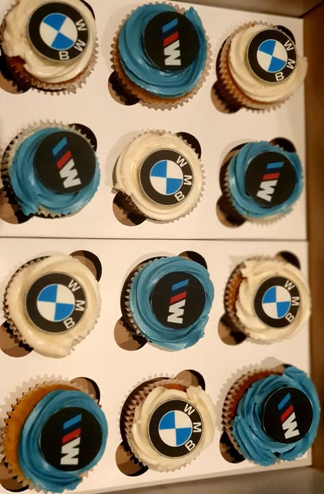 BMW cupcakes Bmw Themed Birthday Party, Car Cupcakes, Bmw Birthday Party Ideas, Bmw Cupcakes, Bmw Birthday Cake For Men, Bmw Car Cake Design, Muffins Decoration, Bmw Cake, Birthday Cake For Boyfriend