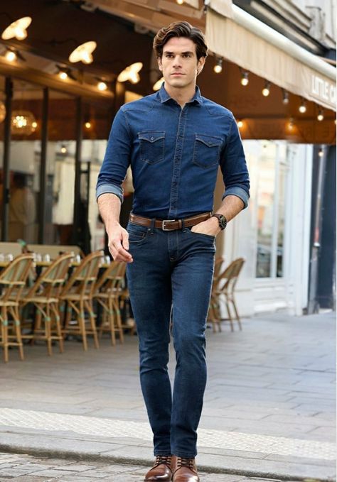 Piti Uomo, Blue Denim Shirt Outfit, Big Guy Style, Outfit Hombre Casual, Mens Jeans Guide, Denim Outfit Men, Blue Pants Men, Mens Jeans Fit, Mens Work Outfits