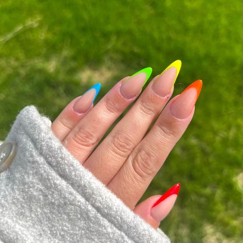 Neon Rainbow French Tip Nails Almond, French Rainbow Nails, Rainbow Nails French Tip, Rainbow French Nails, Rainbow French Manicure, Rainbow French Tips, Rainbow French Tip Nails, Rainbow French, Nails Rainbow