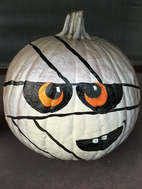 Painted mummy pumpkin. For Dan Schantz Farm Painted Mummy Pumpkin, White Pumpkin Ideas Painting, Pumpkin Painting Ideas Mummy, Painting Pumpkin Ideas Halloween, Mummy Painted Pumpkin, Video Game Pumpkin Painting, Book Characters For Pumpkins, Pumpkin Painting Ideas Scary Easy, Boo Pumpkins Painted