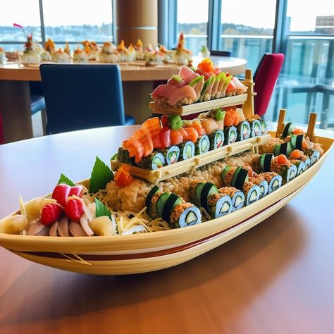 Sushi Presentation, Sushi Recipes Homemade, Sushi Boat, Sushi Menu, Sleepover Food, Sushi Recipes, Recipes Homemade, Food Design, Premium Photo