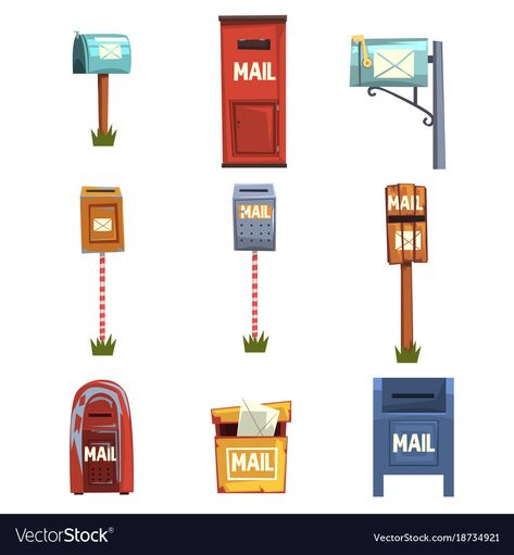 Mail Boxes, Cartoon House, Flower Store, Post Box, File Box, Mail Art, Vector Illustrations, Boy Room, Set Vintage