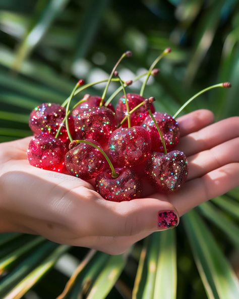 Cherries 🍒🌸🍒🌼🌸🍒🌼🌸 #cherries #fruit #sparkly Cherries Photoshoot, Cherry Asthetic Picture, Cherries Astetic, Cherry Flavoured Aesthetic, Aesthetic Cherries, Cherry Aesthetics, Cherries Aesthetic, Glitter Cherries, Cherry Background