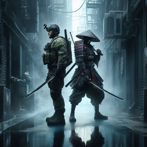 A mix between a modern soldier and a samurai in a rainy alley Futuristic Creatures, Samurai Soldier, Skull Soldier, Modern Soldier, Modern Samurai, Fantasy Samurai, Modern Anime, Urban Samurai, Samurai Ninja