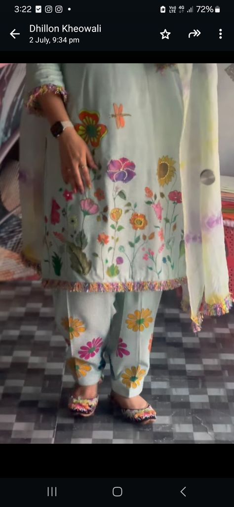 Painted Punjabi Suits Designs, Punjabi Suit Painting Design, Hand Painted Suits Punjabi, Suit Painting Designs Punjabi, Afgani Salwar, Paint Suit Design For Women, Painted Suits, Fabric Colour Painting, Cotton Suit Designs