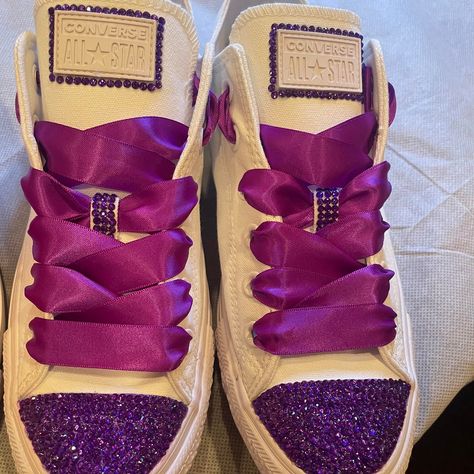 Never Worn. Brand New In The Box Converse. Customized Purple Blinged Out Shoes. Converse Customized, Shoes Customized, Bedazzled Shoes, Purple Converse, Future Bedroom, Rhinestone Shoes, School Pride, Womens Converse, Converse Shoes