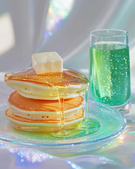 Do you ever just crave some fluffy gooey pancakes with a large piece of butter and some green juice on the side? 🥞 #Pancake #IridescentPancake #iridescentaiart #iridescent #IridescentArt #pancakes #greenjuice #breakfast #tgif Soda Aesthetics, Breakfast Image, Magical Food, Pretty Breakfast, Perfume Jpop, Space Food, Jelly Wallpaper, Food Technology, Fruit Wallpaper