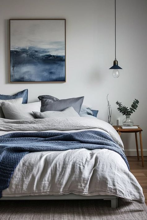 25 Navy Blue and Grey Bedroom Ideas We Love White And Navy Guest Bedroom, Blue Walls Master Bedrooms Decor, Grey And Navy Bedding, Grey And Blue Bedding, Navy Grey Bedroom, Grey Bed Styling, Blue And Grey Bedroom Decor, Grey And Blue Bedroom Ideas, Navy And Grey Bedroom