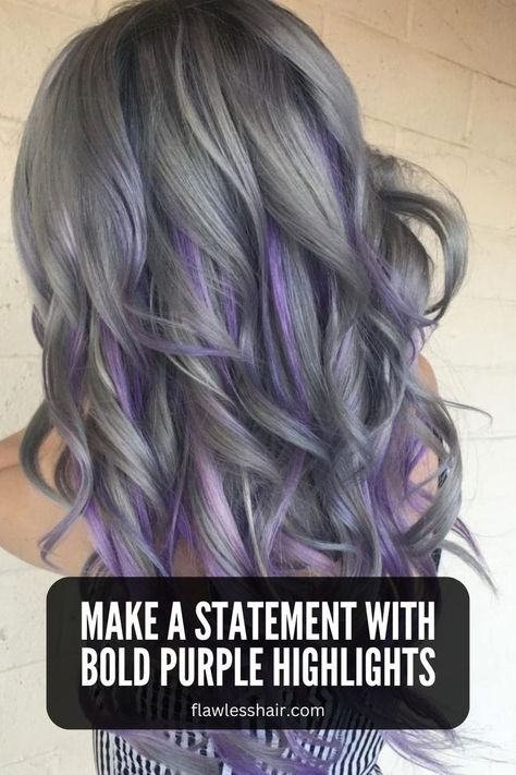 Purple Highlights On Gray Hair Grey Hair With Purple Peekaboo, Grey Hair With Peekaboo Color, Silver Hair With Purple Highlights, Gray And Purple Hair, Purple And Grey Hair, Steel Grey Hair, Smokey Lilac Hair, Gray Purple Hair, Grey And Purple Hair