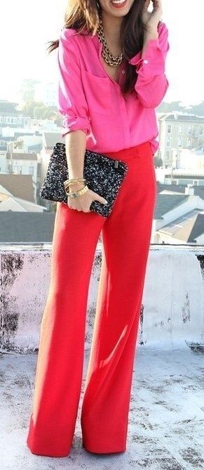 Another fashion rule to break tomorrow? Wear red and pink together. | 26 Fashion Rules You Should Break Immediately Fest Outfits, Cool Summer Outfits, Summer Work Outfits, Red Pants, Looks Chic, 가을 패션, Wearing Red, Pink Blouse, Fashion Mode