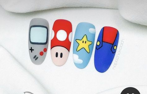 Mario Nail Designs, Mario Nails Art, Nail Art Designs Cartoon, Pop Art Nails Designs Simple, Cartoon Nails Design, Cartoon Pop Art Nails, Cartoon Nails Disney, Cartoon Nail Ideas, Nail Designs Cartoon