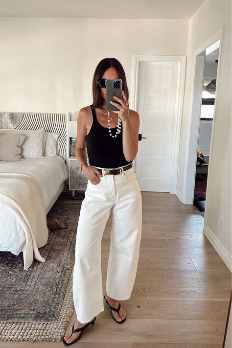 Needing a casual date night outfit idea? Or a brunch with the girls look? I love these white jeans styled with a black belt and these black kitten heels! Add a sweater or a pop of color or keep it simple with a solid black tank. Get these pieces here! White Jeans Style, Black Belt Outfit, Jeans Date Night Outfit, Summer Evening Outfit, Dress Code Outfits, White Tops Outfit, Casual Date Night Outfit, Dress Code Casual, Girls Night Out Outfits