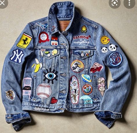 Denim Jacket Diy Paint, Customized Denim, Jean Jacket Design, Jean Jacket Diy, Customised Denim Jacket, Custom Jean, Jean Jacket Patches, Custom Jean Jacket, Diy Denim Jacket