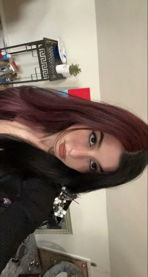 Pretty Hair Colors For Brown Eyes, Black Hair With Wine Red Underneath, Black Red Cherry Hair, Half Dark Brown Half Red Hair, Dark Brown Hair Dye Ideas Ombre, What Color To Dye Black Hair, Cherry Coke Hair On Black Hair, Half Maroon Half Black Hair, Brown Red Split Dye