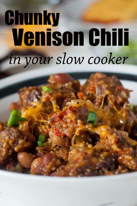 This Slow Cooker Venison Chili comes together in a few minutes and slow cooks for hours to yield a melt in your mouth, tender treat. #slowcooker #venison #chili #ifbcx #binkysculinaryc #fallrecipes #hunting #fieldtotable Elk Chili Recipe, Chunky Chili Recipe, Slow Cooker Venison Chili, Venison Stew Crockpot, Deer Chili Recipe, Venison Chili Recipe, Chili Slow Cooker, Slow Cooker Venison, Gardening At Home