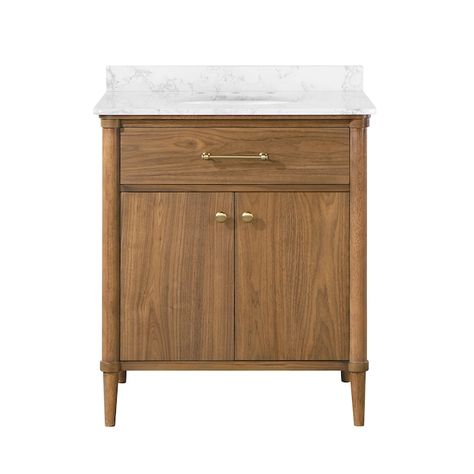 allen + roth Rian 30-in Walnut Undermount Single Sink Bathroom Vanity with White Engineered Stone Top Lowes.com Powder Room Vanities, Small Half Bathroom, Removable Backsplash, 30 Inch Vanity, Engineered Stone Countertops, Green Vanity, 30 Bathroom Vanity, Finished Bathrooms, Single Sink Bathroom