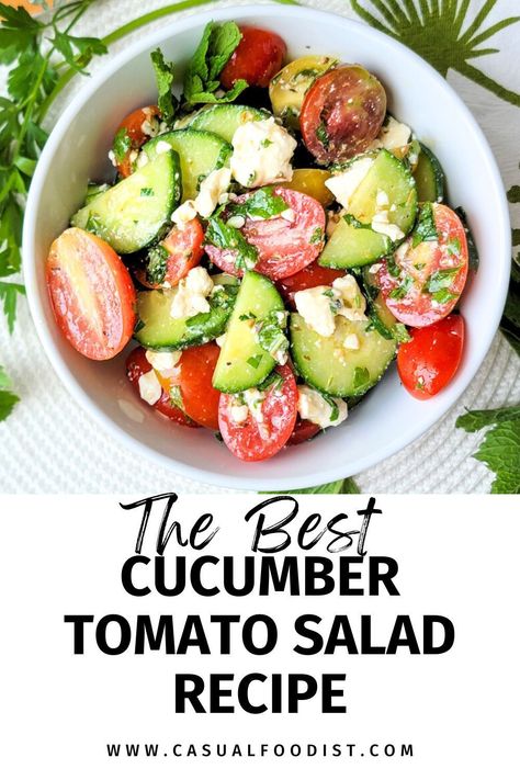 This is the best recipe for Cucumber Tomato Salad with Feta!  This salad is quick and easy with an easy homemade lemon dressing and is the perfect healthy salad for spring and summer.  This salad comes together in minutes and is great for lunch, dinner and meal prep.Simple and healthy this Mediterranean Cucumber Tomato Salad is a great vegetarian salad or the perfect side dish for grilled chicken or fish. The best Cucumber Tomato Salad recipe. www.casualfoodist.com Best Cucumber Tomato Salad, Tomato Salad With Feta, Cucumber Tomato Feta Salad, Meal Prep Simple, Mediterranean Cucumber, Delicious Healthy Salads, Tomato Salad Recipe, Vegetarian Salad, Tomato Salad Recipes