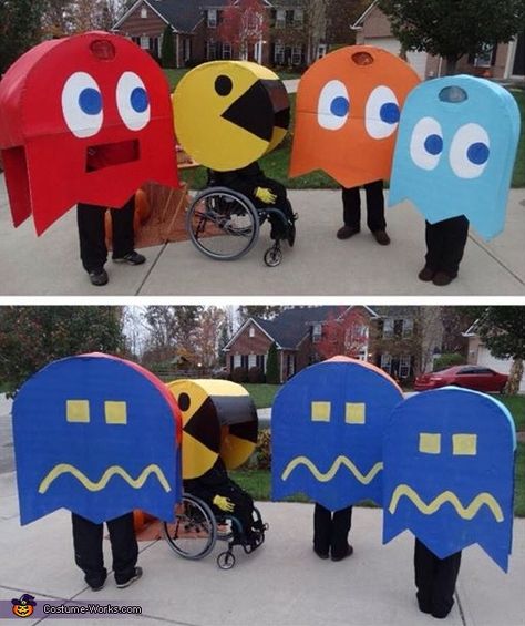 My son, who is a wheelchair user, wanted to be PacMan this year. PacMan needs ghosts so the whole family joined in! I made these costumes completely from scratch using foam board, paint, hot glue, and LOTS of duct tape! The PacMan head had to... Pacman Ghost Costume, Wheelchair Halloween Costumes, Pac Man Costume, Pac Man Ghost, Wheelchair Costumes, Ghost Halloween Costume, Ghost Diy