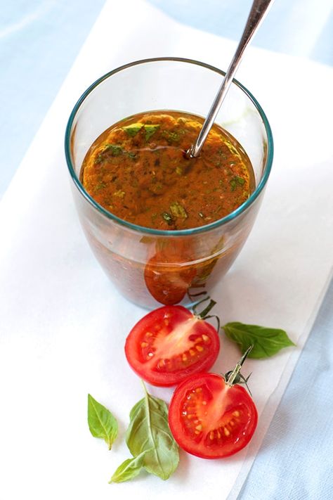 Basil Vinaigrette Dressing, Picnic Pasta Salad, Pomodoro Sauce, Tomato Vinaigrette, Vinaigrette Dressing Recipe, Basil Vinaigrette, Leafy Green Salads, Summer Dressing, Church Dress