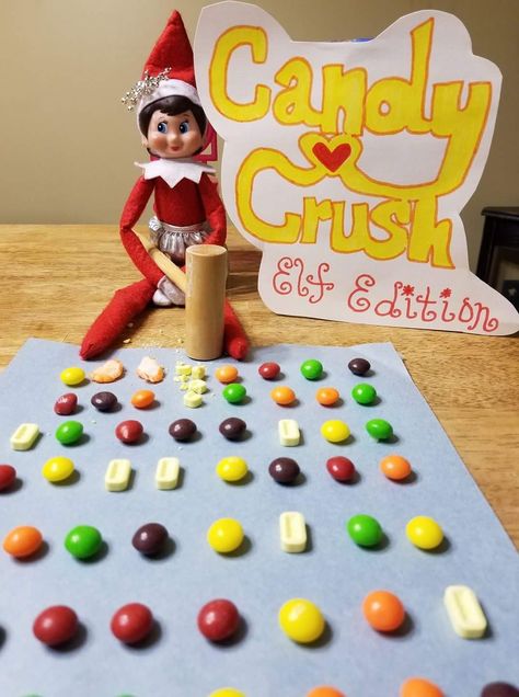 Elf on the shelf candy crush Elf Ideas Easy, Elf Christmas Decorations, Elf Magic, Awesome Elf On The Shelf Ideas, Elf Activities, Xmas Elf, Elf Antics, Elf Fun, Buddy The Elf