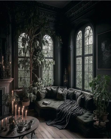 Gothic Interior Aesthetic, Goth Cottagecore House Interior, Dark Cottagecore Office, Industrial Gothic Interior, Southern Gothic Home Decor, Modern Goth Aesthetic, Modern Witch Decor, Victorian Style Homes Interior, Goth Interior