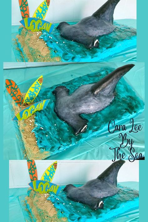 My Son is obsessed w/sharks! Hammerhead is crispie treats & fondant. The H2O was made using Piping Gel. The gel is clear and can be tinted to any color...I used 2 colors for effect. "Sand" is crushed graham cracker and surfboards are made with a really stiff Royal Icing. 🦈 #pinterestworthy #cakes #birthdaycakes #caraleebythesea #pinterest #pintrest Stiff Royal Icing, Shark Party Foods, Shark Birthday Cake, Piping Gel, Shark Birthday Cakes, Pond Animals, Coloured Icing, 21st Cake, Shark Cake