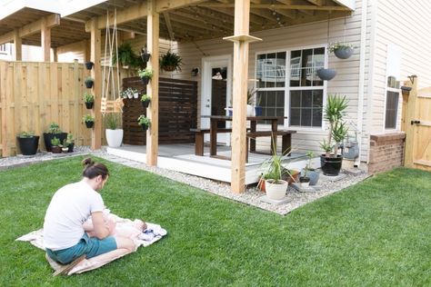 Tiny Backyard Ideas & An Update on My Tiny Backyard & Garden Fenced In Backyard Ideas, Basic Backyard, Fenced In Backyard, Garden Design Ideas Inspiration, Garden Design Ideas On A Budget, Tiny Backyard, Hanging Ferns, Platform Deck, Building Raised Garden Beds