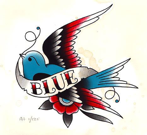 Blue Tattoo Design - Nice traditional swallow with lettering. Swallow Tattoo Design, Swallow Bird Tattoos, Bird Tattoo Men, Bluebird Tattoo, Vogel Tattoo, Sailor Tattoo, Tattoo Bird, Traditional Tattoo Designs, Tattoo Old School