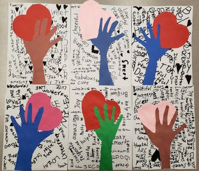 The Power Of Words Art, Valentines Art Lessons Middle School, I Am Hopeful Because Artwork, Affirmations Art Project, Kindness Art Kindergarten, Self Love Ideas Art Projects, Self Love Crafts Art Projects, Love Art Projects For Kids, Peace Art For Kids