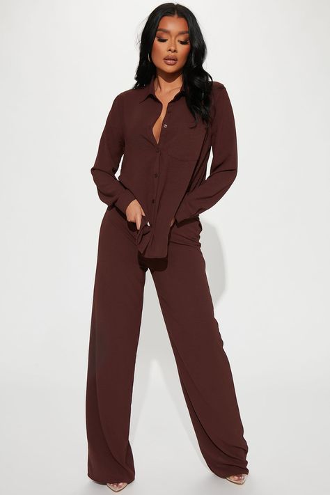 Available In Black, Brown, Mustard, Hot Pink, And Blue. 2 Piece Pant Set Oversized Shirt Collar Button Front Pocket Wide Leg Pant Back Elastic Waistband 33" Inseam Stretch 100% Polyester Imported | Makenzie Pant Set in Brown size Medium by Fashion Nova Red Two Piece, Patchwork Shirt, Satin Pants, Ruffle Long Sleeve, Pant Set, Brown Fashion, Shirt Collar, Green Fashion, Long Sleeve Casual