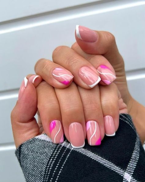 Short Pink Abstract Nails, Modern Nail Designs, Manicure For Short Nails, Nails Acrylic Pink, Nails In Pink, Pink And White Nails, Swirl Nails, Acrylic Pink, Pink Gel Nails