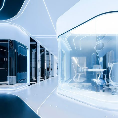 Futuristic Office, Ed Design, Futuristic Interior, Futuristic Style, Gallery Design, Architect House, Real Estate Sales, Futuristic Design, Unique Lighting