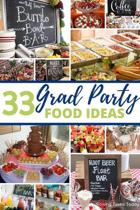 Graduation party planning season is almost here! And, we all know when it comes to planning a great grad party, it's ALL about the food! Whether you're planning a small family gathering, a party with a few friends or a larger scale grad bash, we've rounded up the absolute BEST GRAD PARTY FOOD IDEAS around! #gradpartyfoodideas #graduationpartyfoodideas #graduationpartyideas #gradpartyideas How To Keep Beverages Cold At Party, Foods For Graduation Parties, Graduation Food Bar Ideas, Graduation Coffee Bar Party Ideas, Coffee Bar Graduation Party, College Graduation Food Ideas, Food For Grad Party, Grad Party Food Ideas High Schools, Graduation Open House Food Ideas