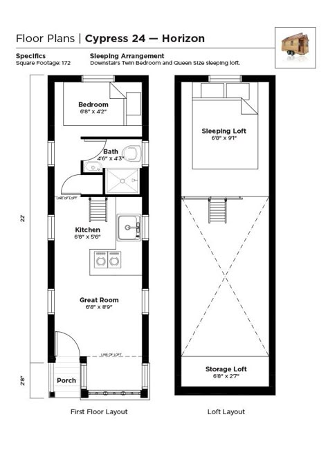 Cypress 24 Horizon: one of the new Tumbleweeds with ground-floor bedrooms Loft Mezzanine, Mezzanine Design, House Plan With Loft, Diy Tiny House, Little House Plans, Tiny House Loft, Tiny House Layout, Tiny House Inspiration, Pergola Design