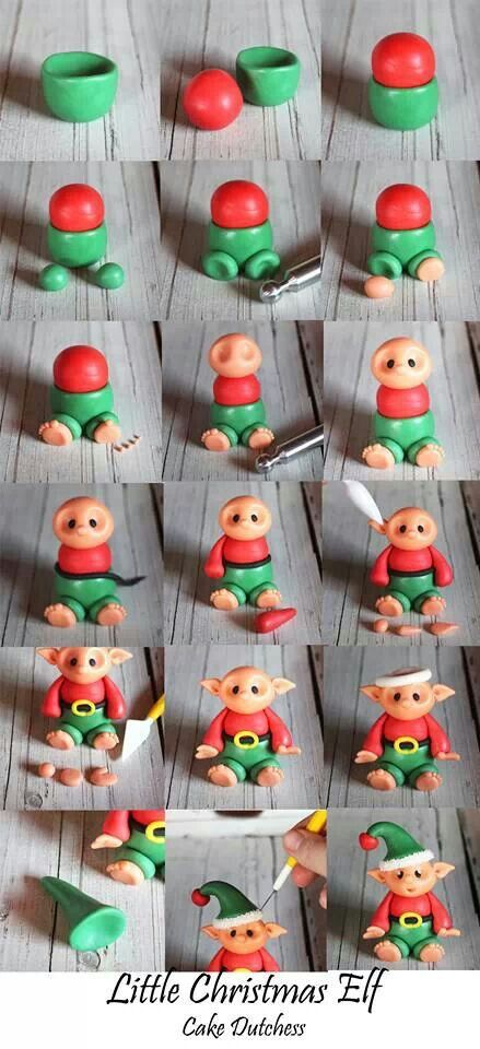 Little Christmas Elf Picture Tutorial...amazingly talented cake decorator tons of tutorials on Cake Dutchess on Facebook Elf Cake, Christmas Cake Topper, Fondant Animals, Christmas Cake Decorations, Fondant Tutorial, Christmas Clay, Fondant Decorations, Polymer Clay Christmas, Fondant Toppers