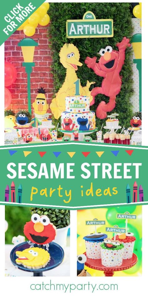 Check out this fun Sesame Street birthday party! The cupcakes are awesome! See more party ideas and share yours at CatchMyParty.com Simple Sesame Street Birthday Party, Sesame Street Treat Table Ideas, Elmos Wonderful World Party, Sesame Street Table Decorations, Elmo's World Birthday Party Ideas, Sesame Street Table Set Up, Elmo’s World Birthday Theme, Elmo’s World Birthday Party, Elmo Centerpiece Ideas