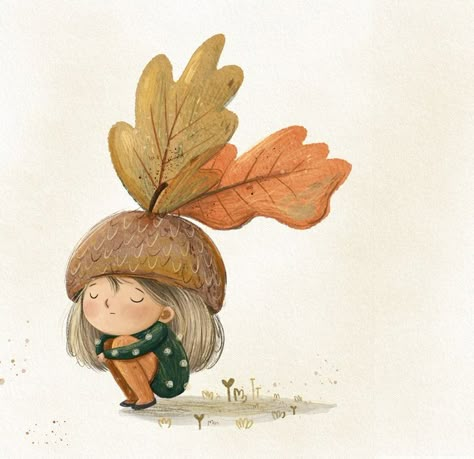 Lucy Fleming Art, Fall Art Illustration, Character Design Mushroom, Lucy Fleming Illustrations, Whimsical Art Illustrations, Autumn Illustration Art, Fall Illustration Art, Acorn Illustration, Storybook Art Illustrations