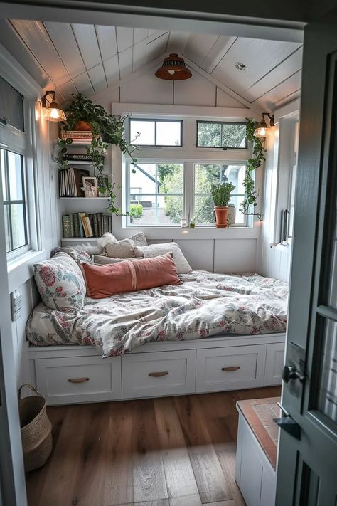 25 Ingenious Tiny House Bedroom Ideas for Compact Living - Roomy Retreat Tiny House Bedroom Ideas, Cottage Tiny House, House Bedroom Ideas, Tiny House Bedroom, Cozy Loft, Tiny House Storage, Shed To Tiny House, House Bedroom, Compact Living