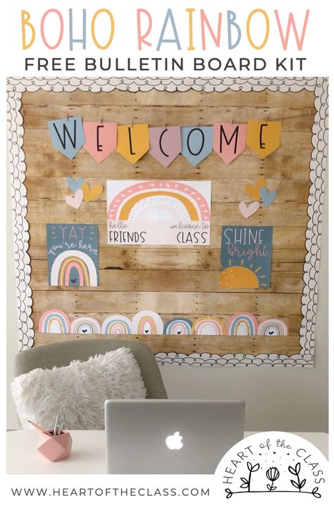 Boho Rainbow Bulletin Board, Teacher Desk Area, Free Bulletin Board, Free Classroom Decor, Welcome Bulletin Board, Elementary Classroom Themes, Boho Rainbow Classroom, Bulletin Boards Classroom Decor, Kindergarten Classroom Decor